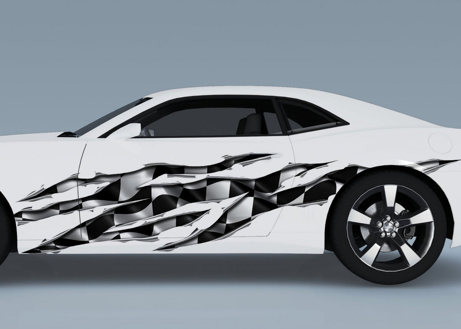 white camaro with checkers big rip decal on driver side