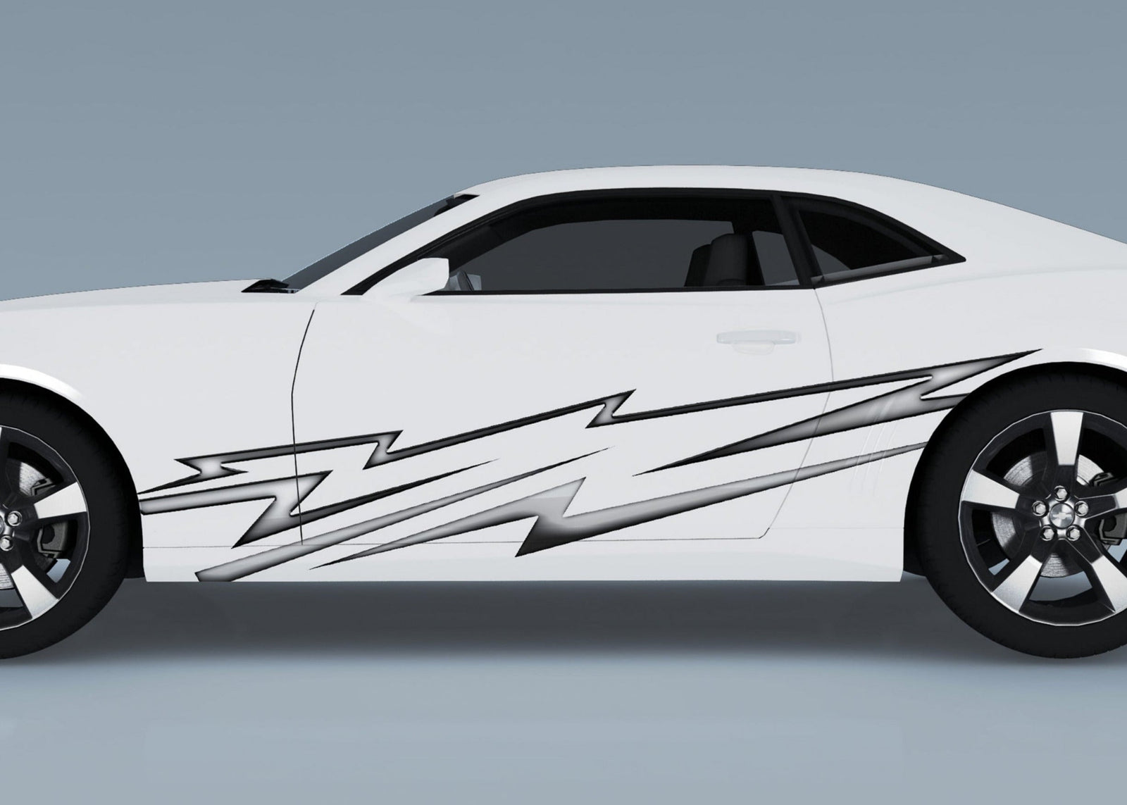 white camaro with silver electro vinyl decal on its side