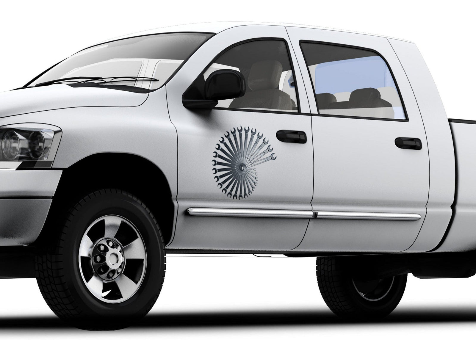 white pickup with circle of wrenches vinyl graphics on drivers door