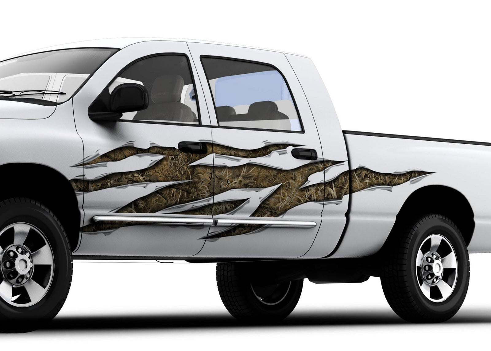 white pickup with marshland camo rip large decal on driver side