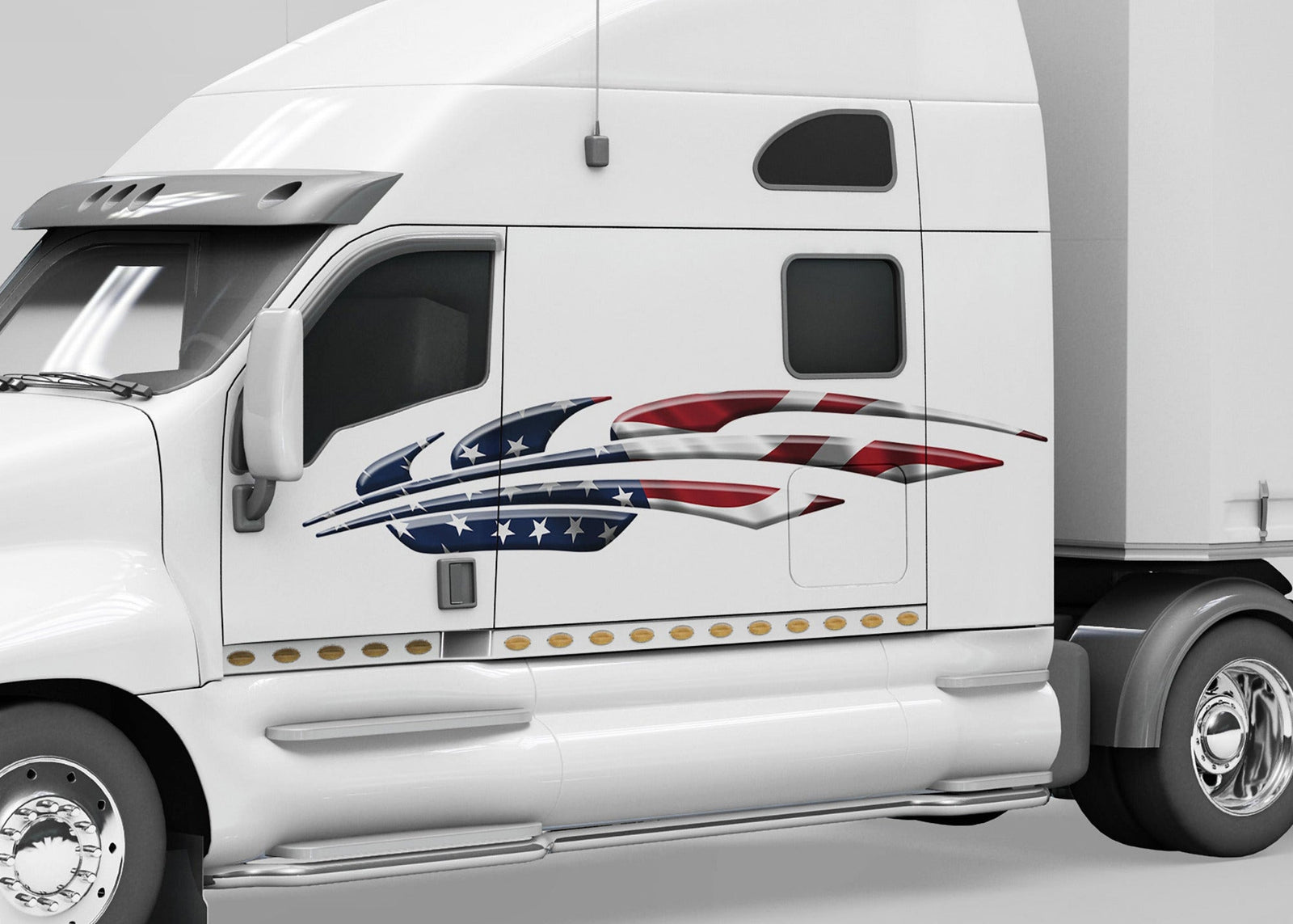 white semi trailer truck with American flag Comet Arc vinyl graphic design on driver cab side