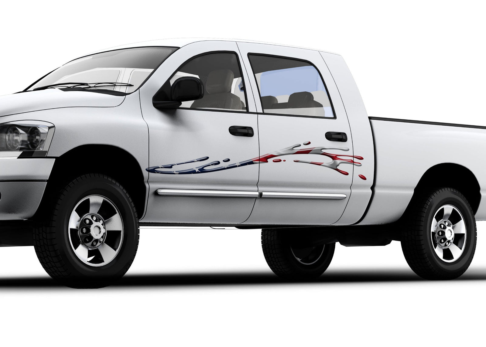 white truck with American flag mud splash vinyl graphics on driver side