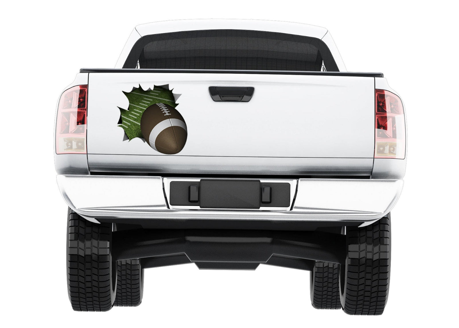 White truck with a football tearing out of the back of tailgate decal