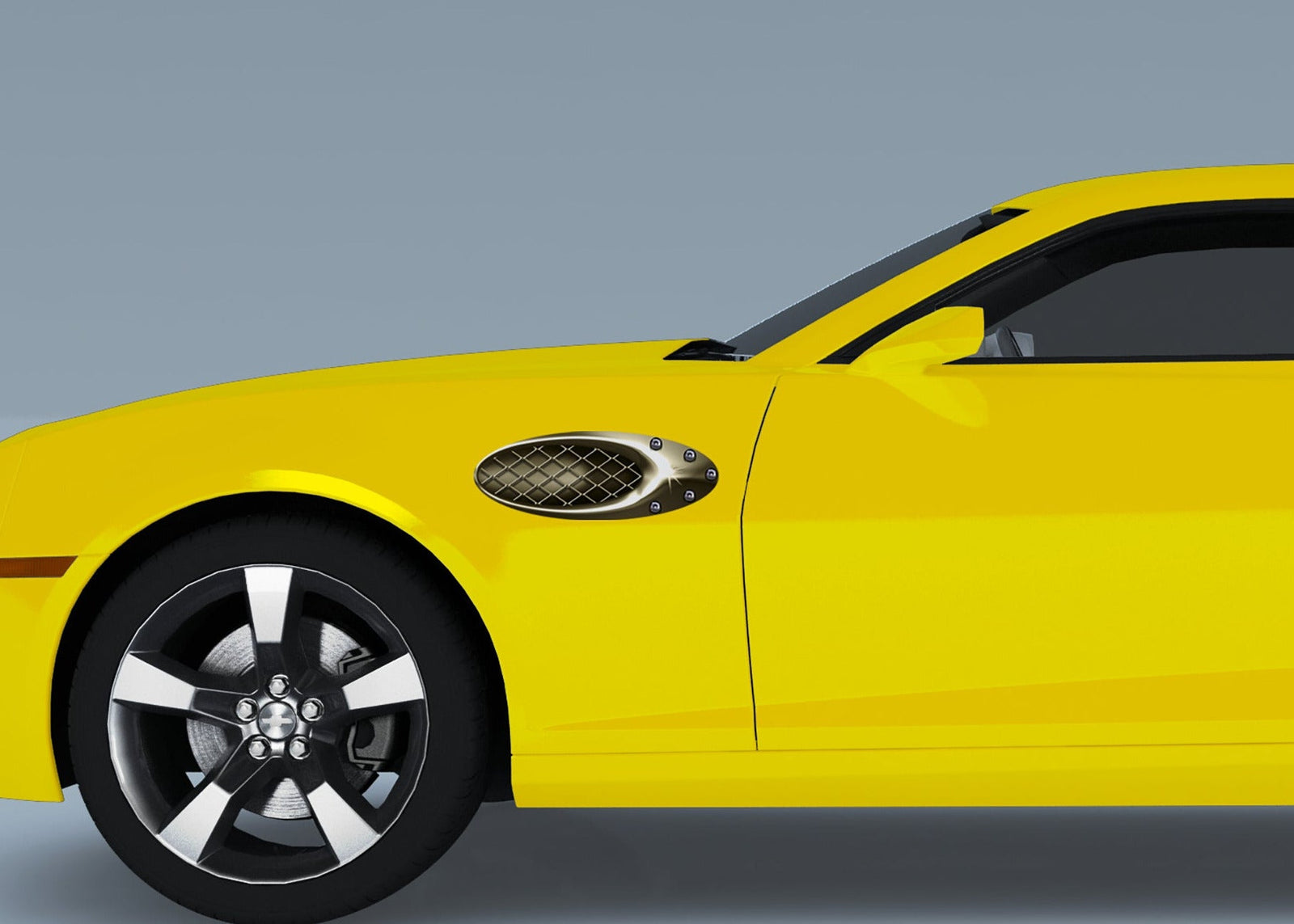 yellow camaro with gold air scoop decal on its driver side