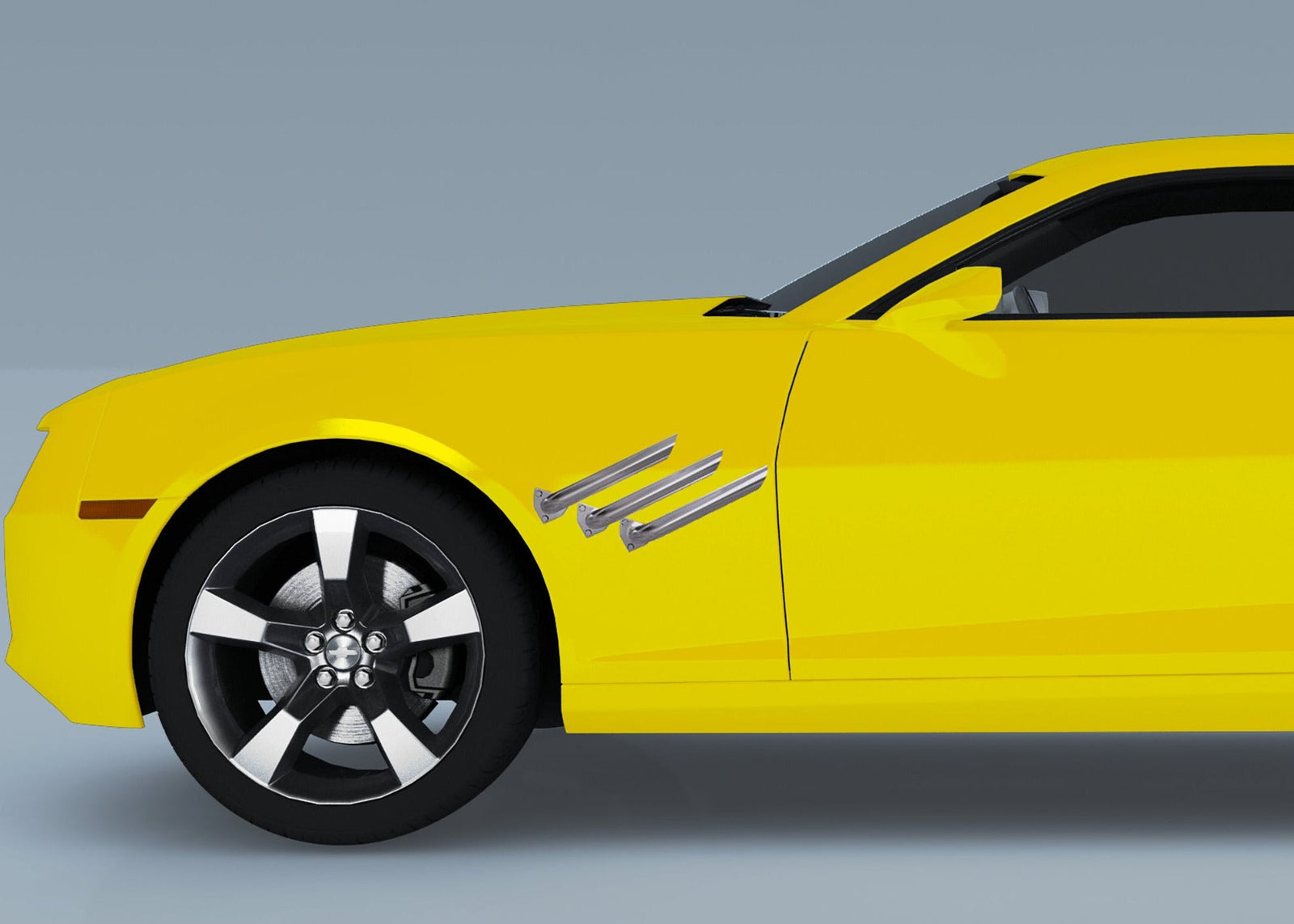 yellwo camaro with chrome exhust pipe illusion decal on fender side