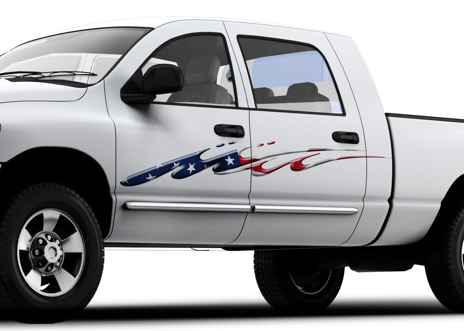 American flag decal on the side of white pickup truck