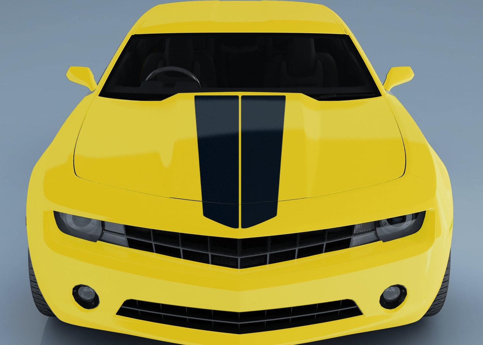 Yellow Chevy Camaro with black rally hood stripes installed
