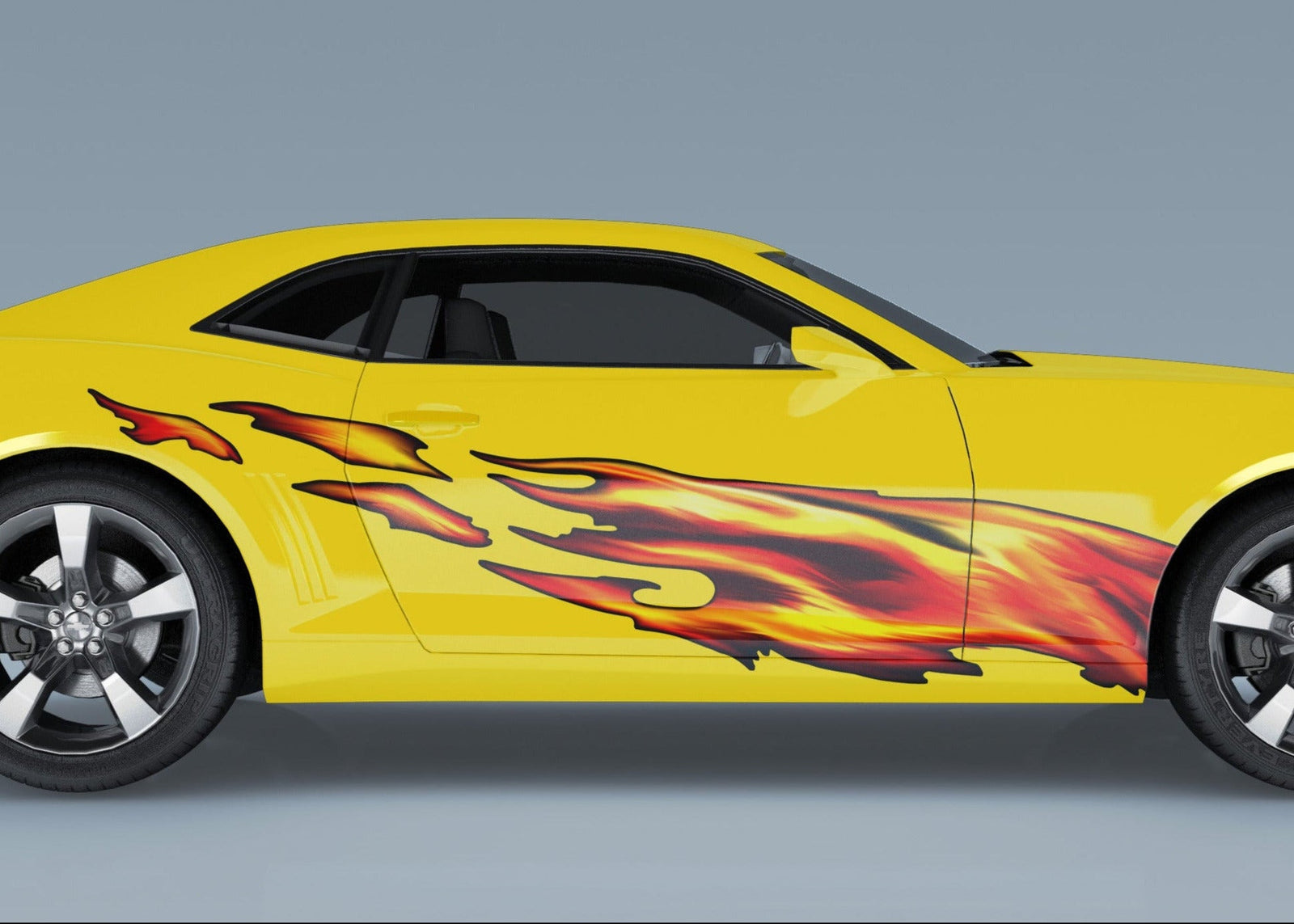 Fire flames vinyl Graphics on the side of yellow camaro