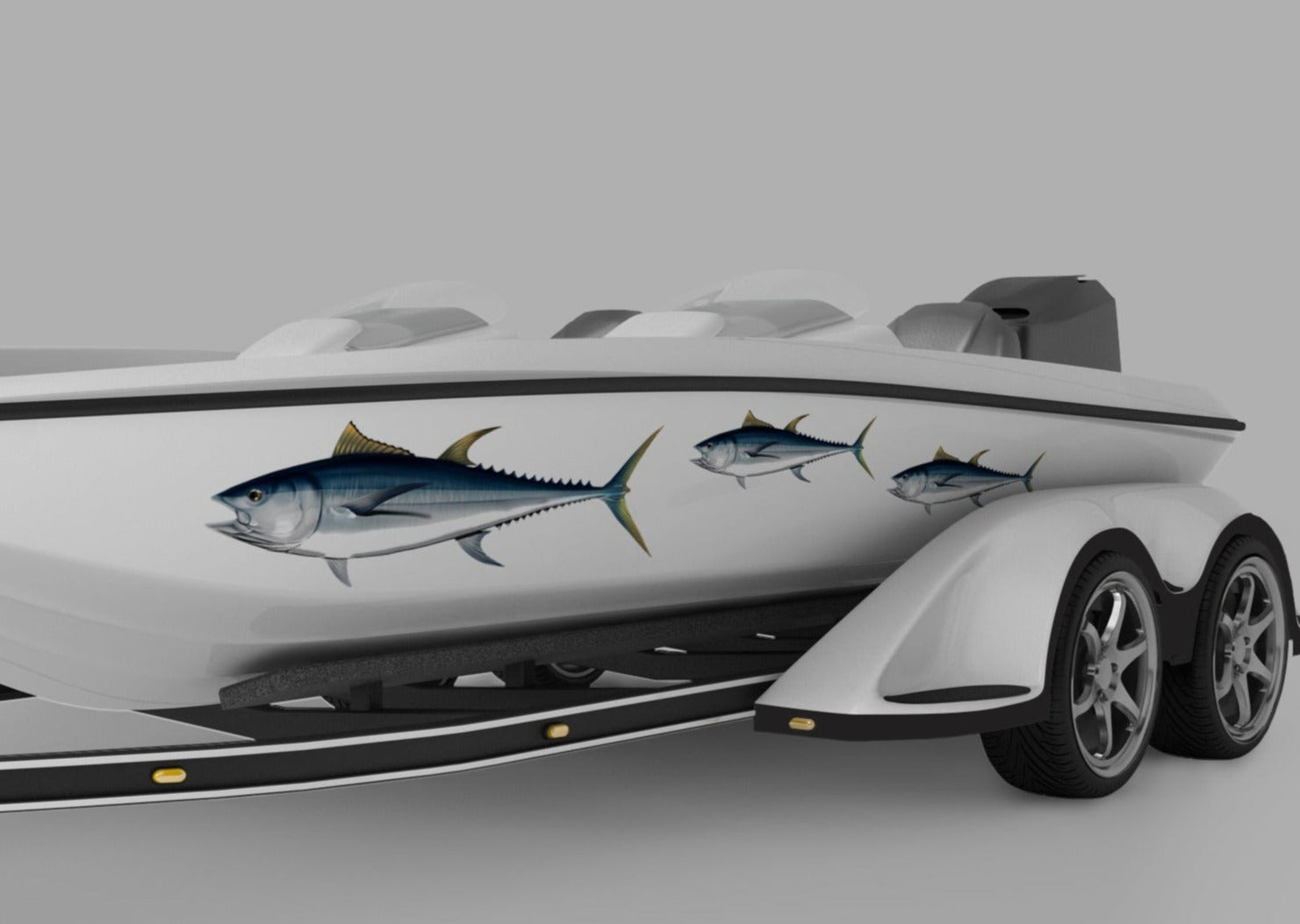 Albacore tuna fish decals on the side of a white boat