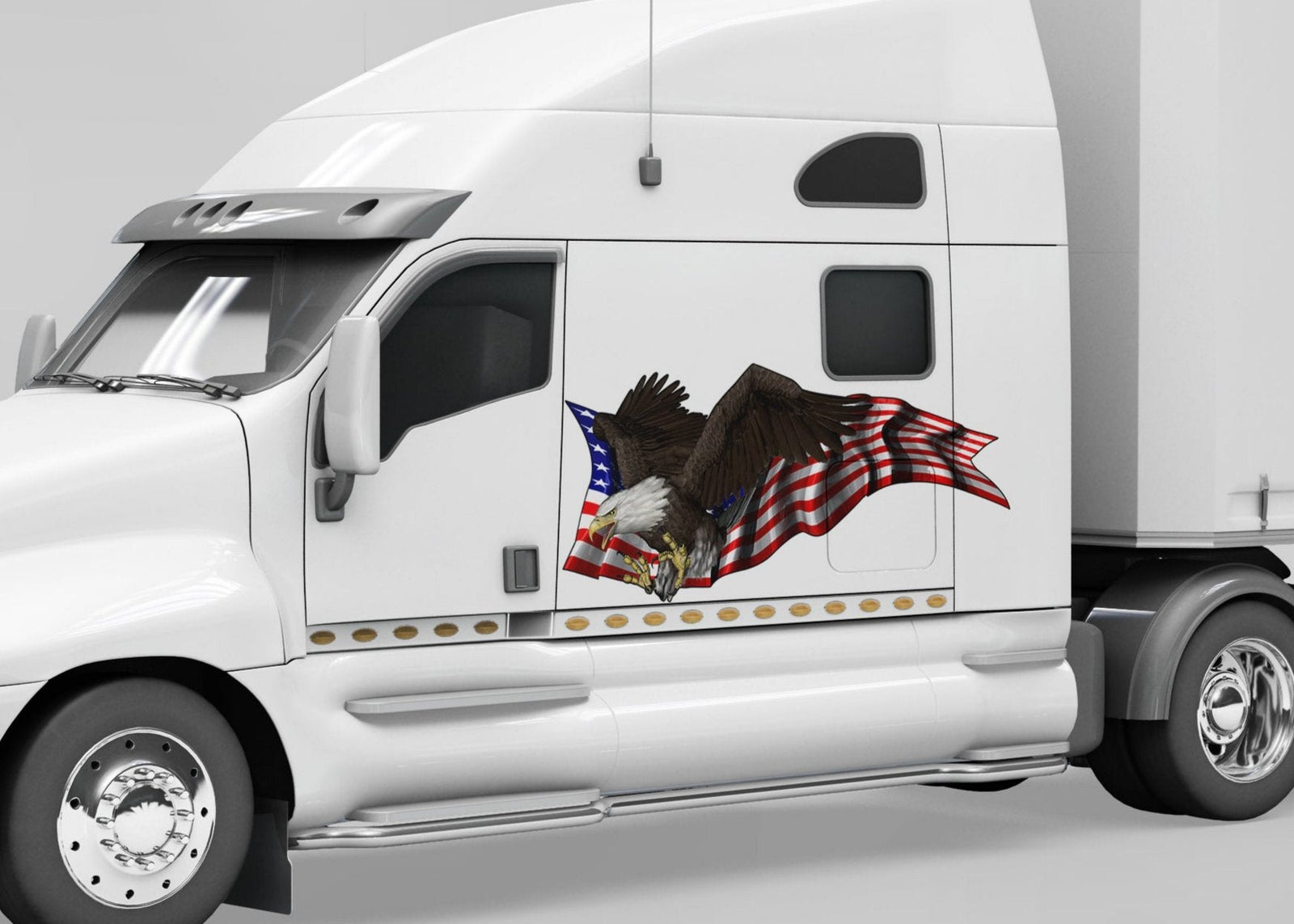 American flag bald eagle large vinyl graphic decal on the side of white semi truck.