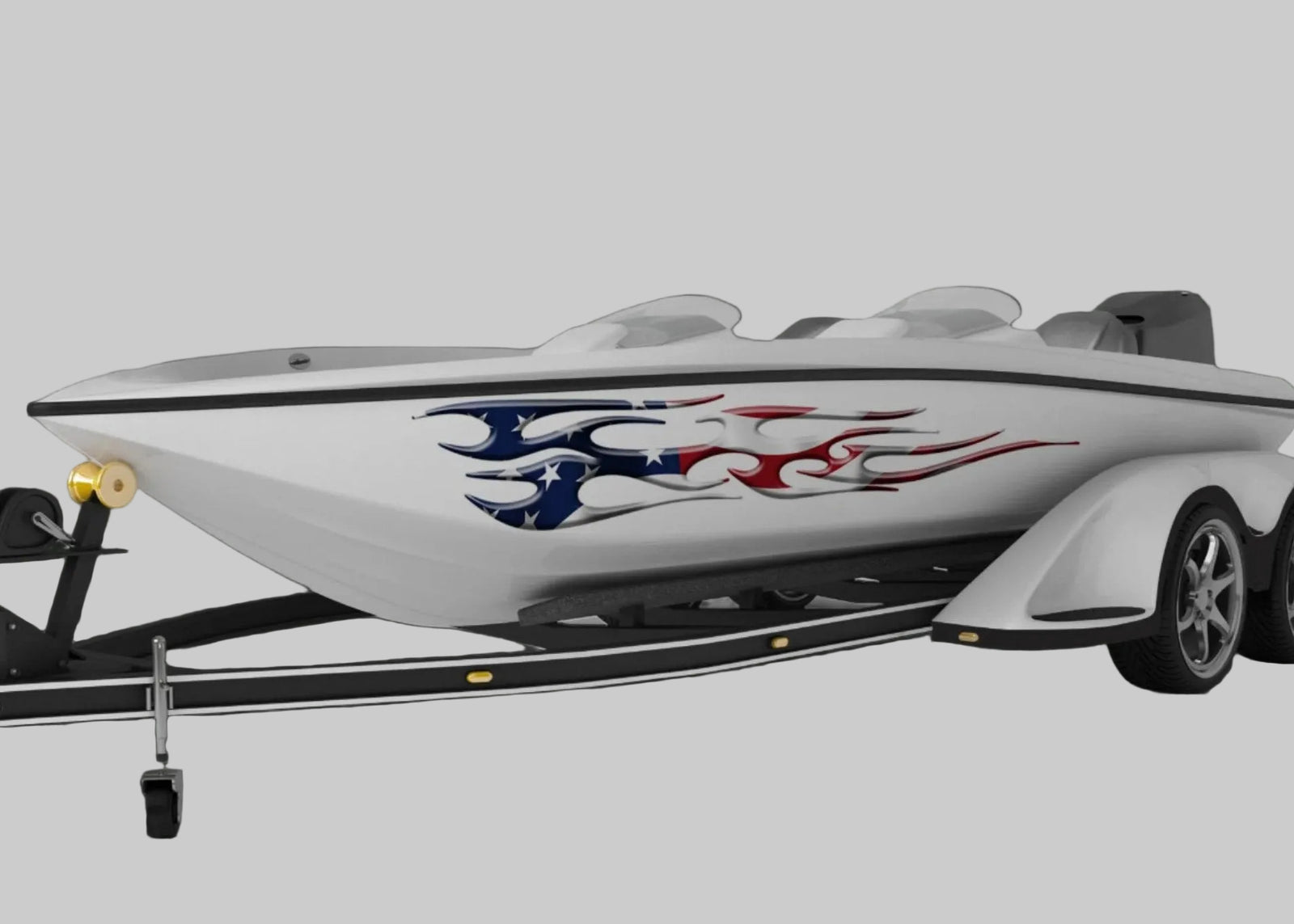 american flag flames decal on white boat