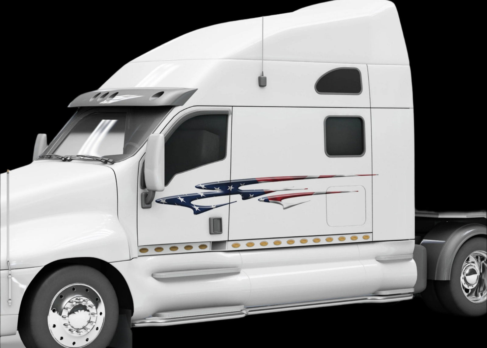 American flag stripe decal on the driver side of white semi truck