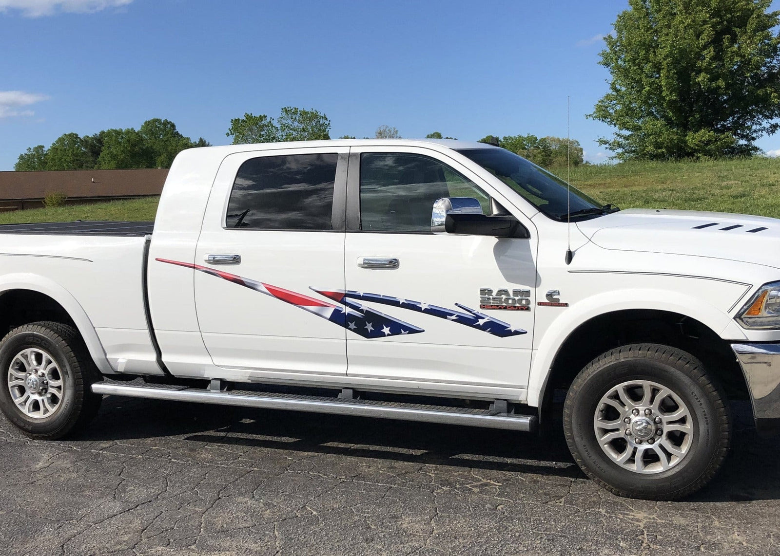 american flag stripe decal on white dodge ram pickup