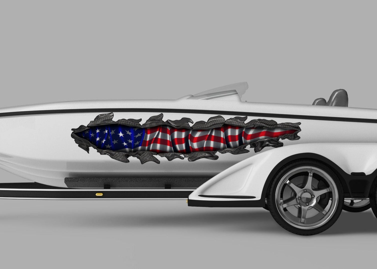 american flag tear vinyl graphics on side of boat
