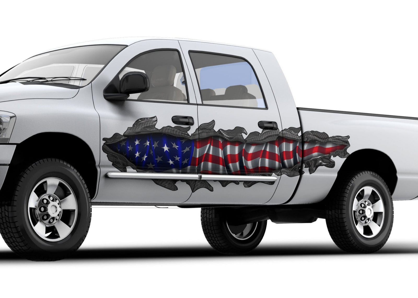 american flag tear vinyl graphics on the side of white truck