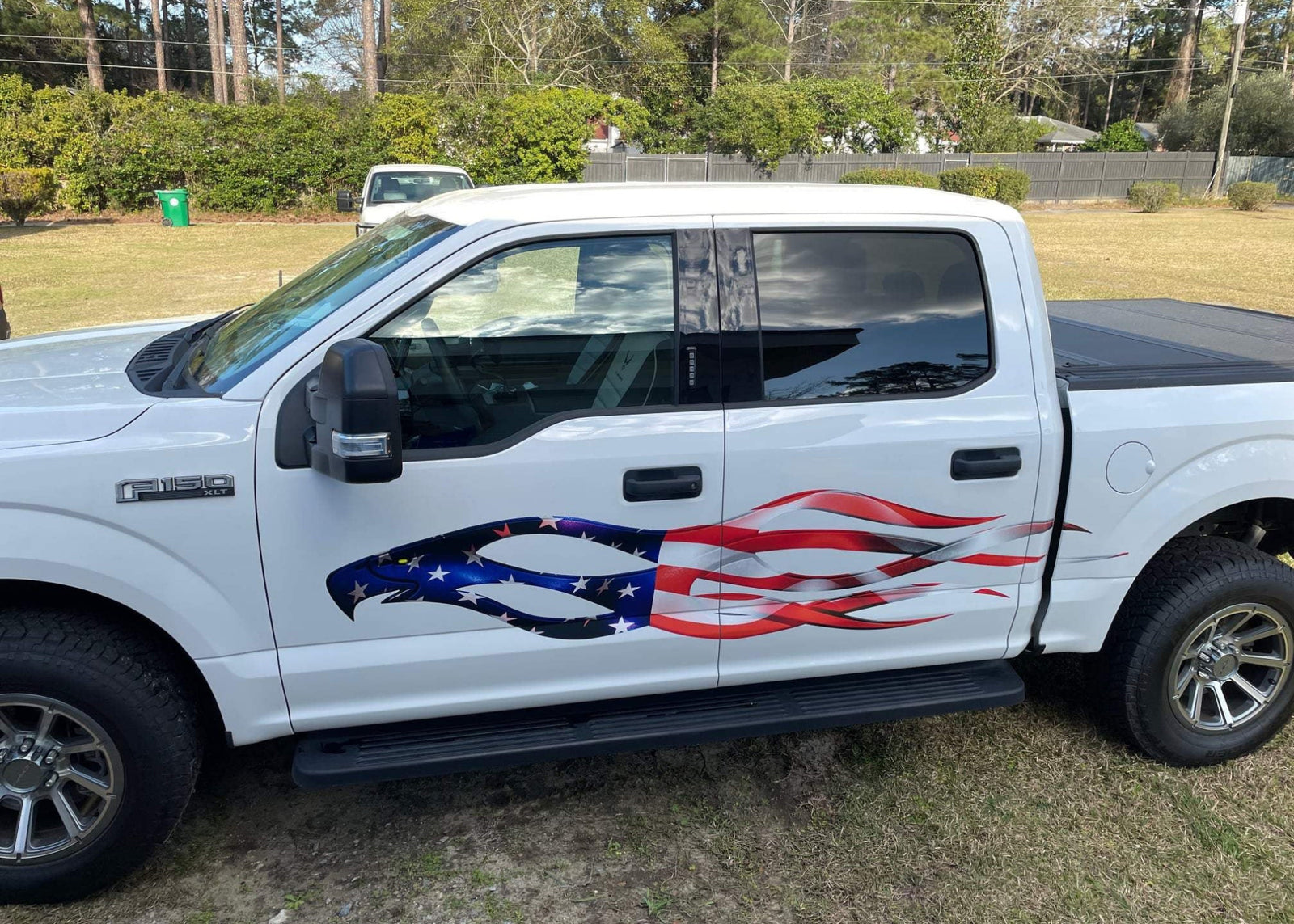American flag eagle flames vinyl graphics on driver side of white truck parked on grass
