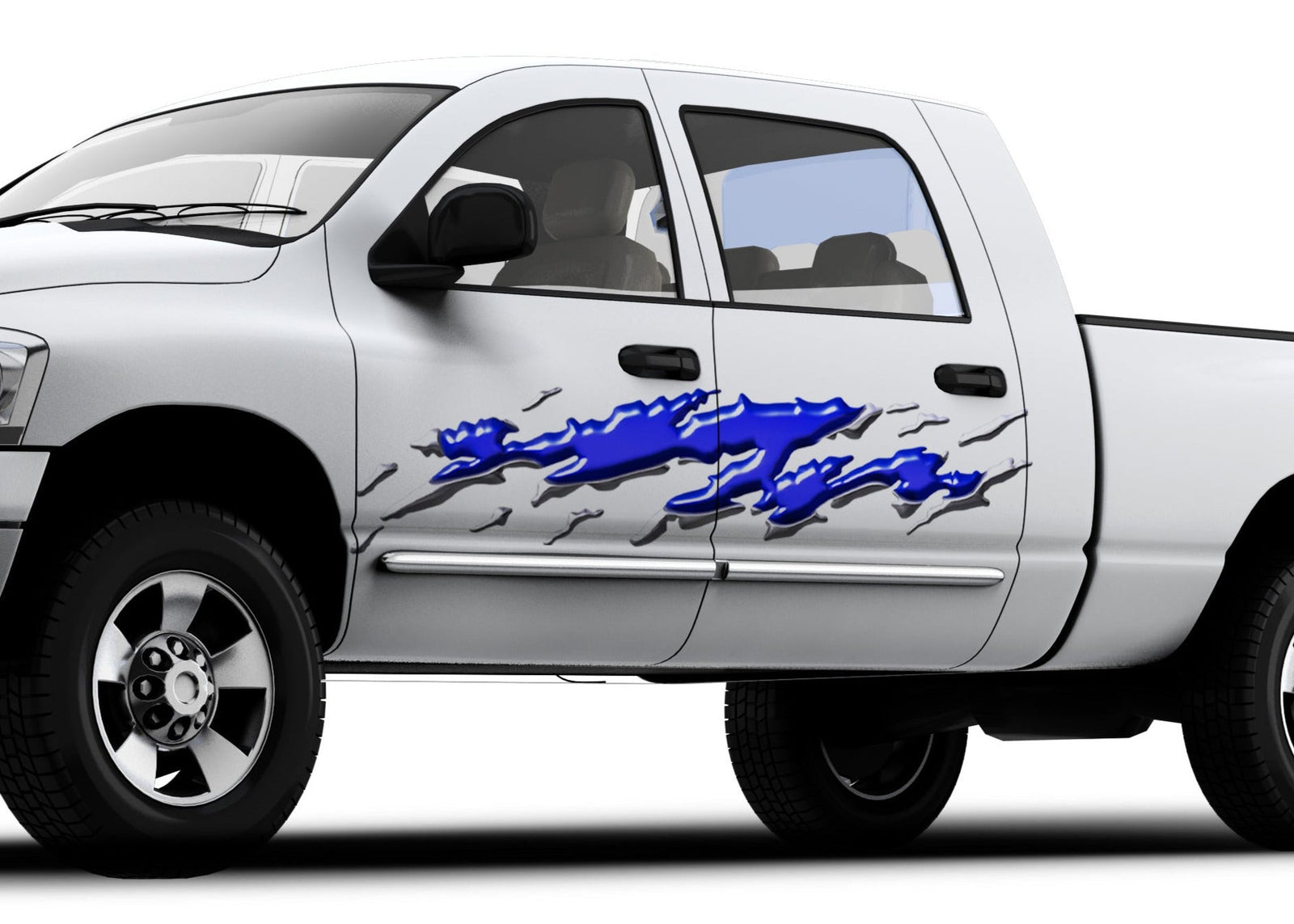 blue chrome splashing effect decal on the side of white truck