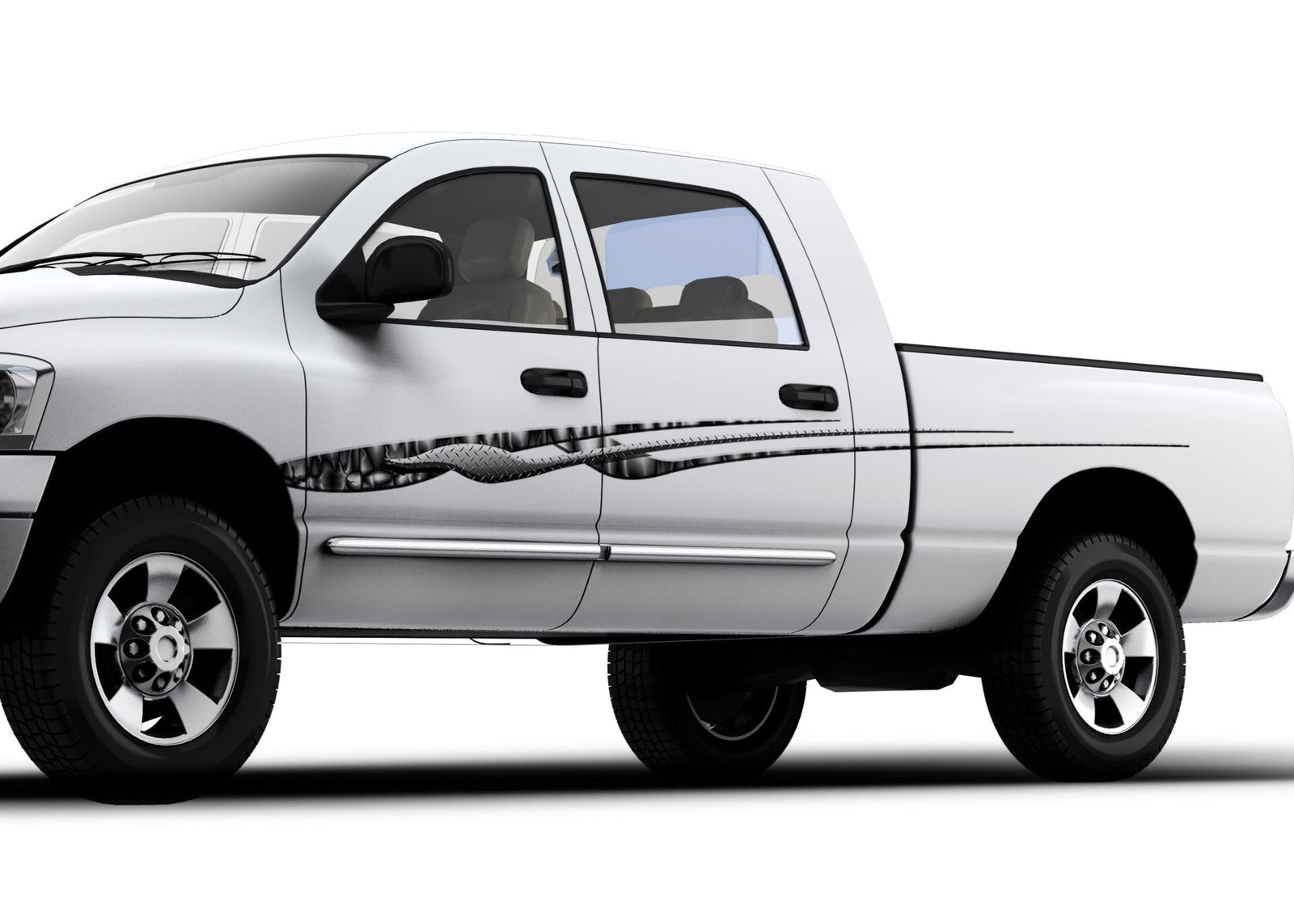 A graphic design of swift flying stripes on a white truck, resembling a bullet trail, with a black and gray color scheme.