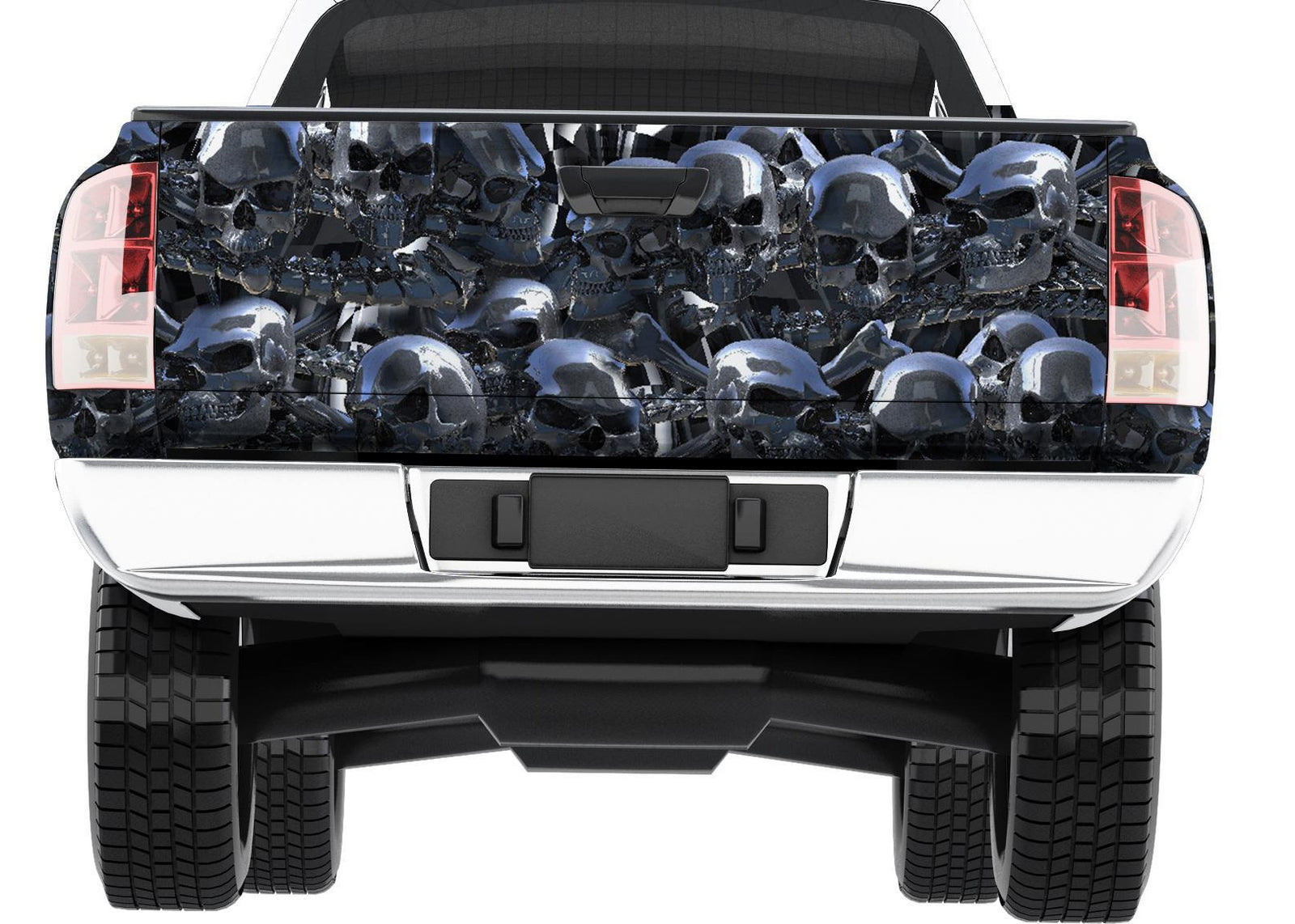 Chrome Skulls truck tailgate wrap shown installed on a white pickup tailgate