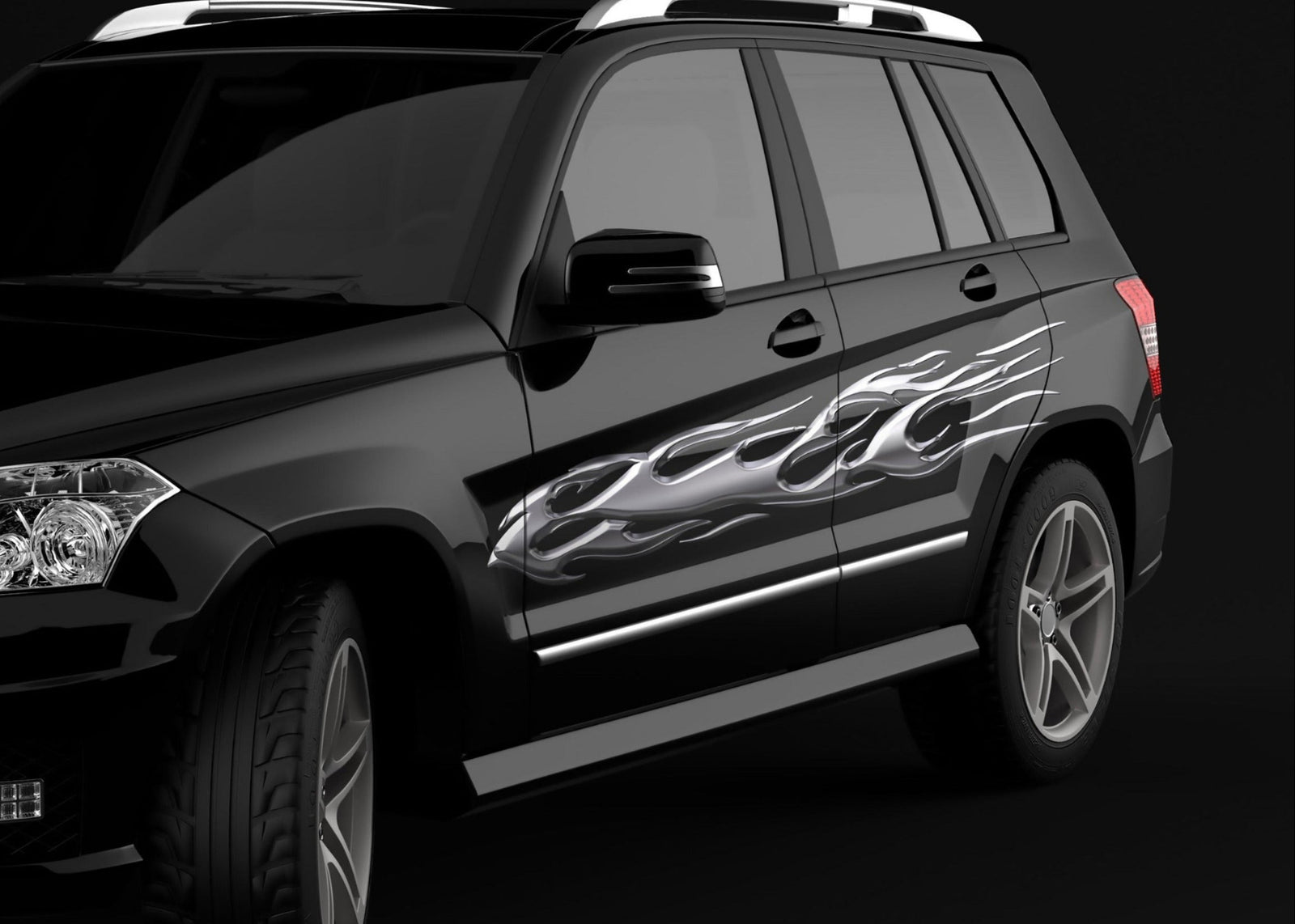 chrome flames side decal on black Suv driver side