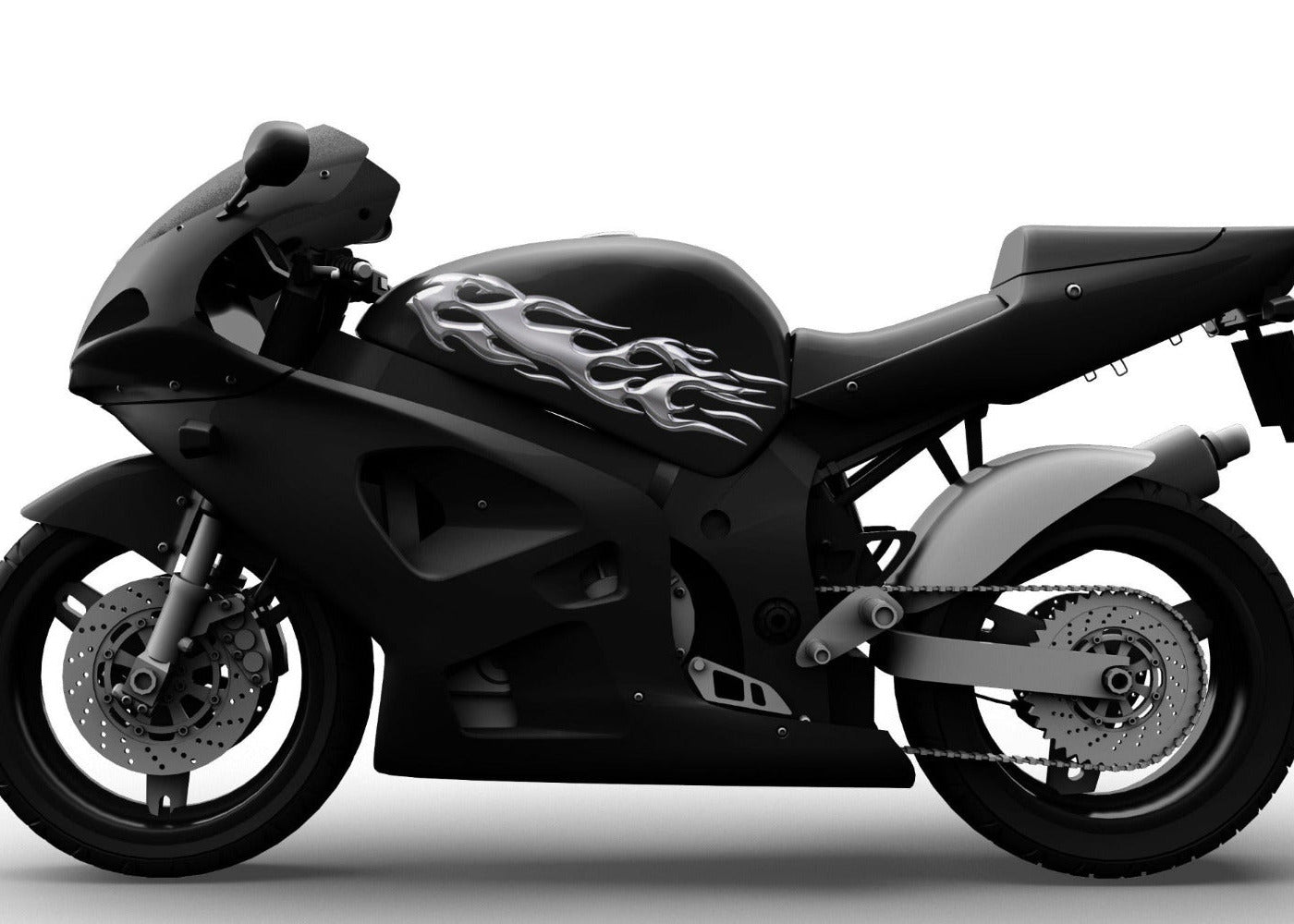 chrome flames decal on black motorcycle