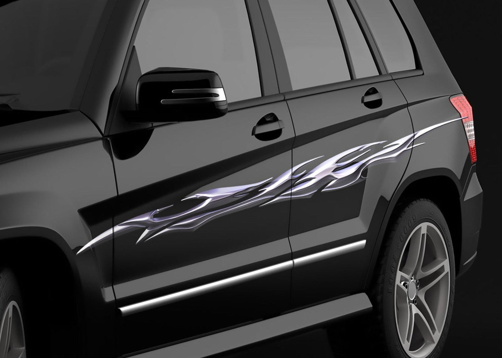 chrome flames vinyl graphics on the side of black suv