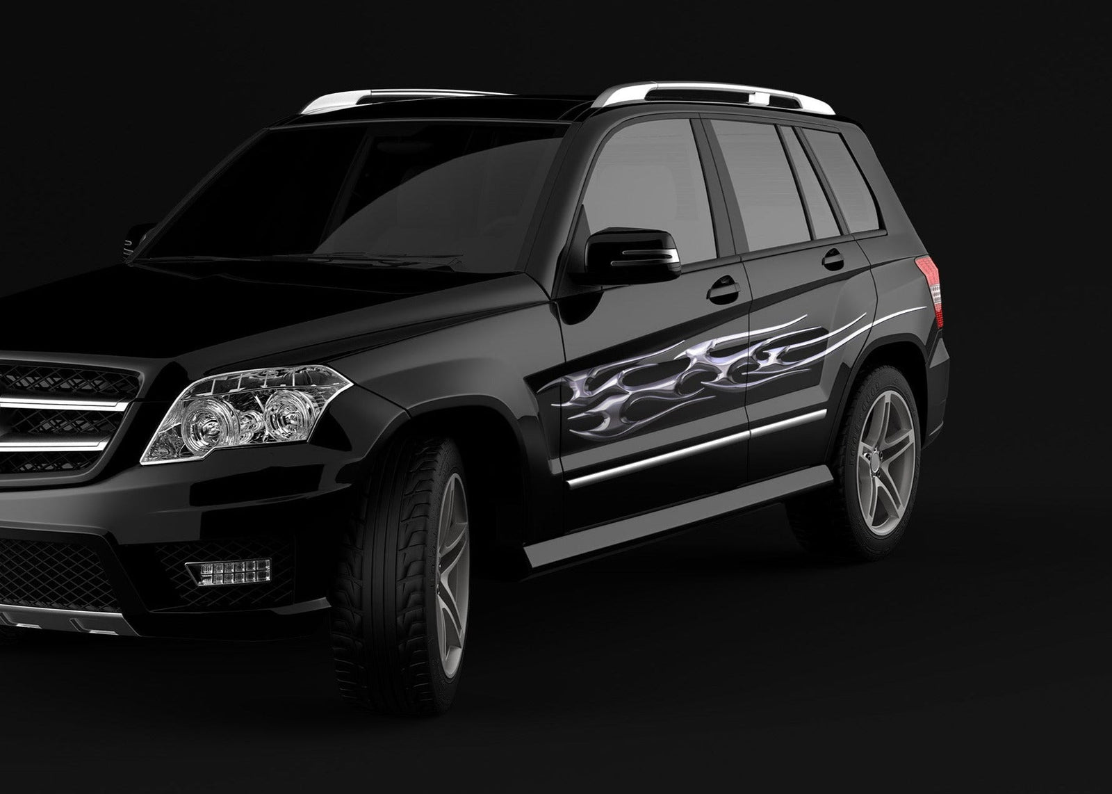chrome flames vinyl decal on the side of mercedez suv black