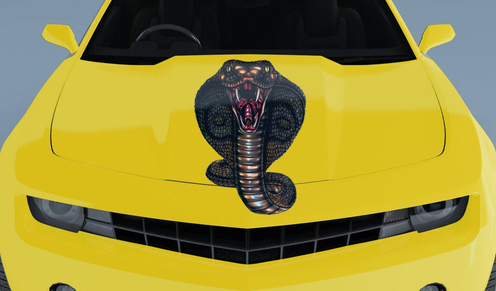Yellow Camaro hood with cobra snake vinyl decal centered on the hood, high-detail printed graphic