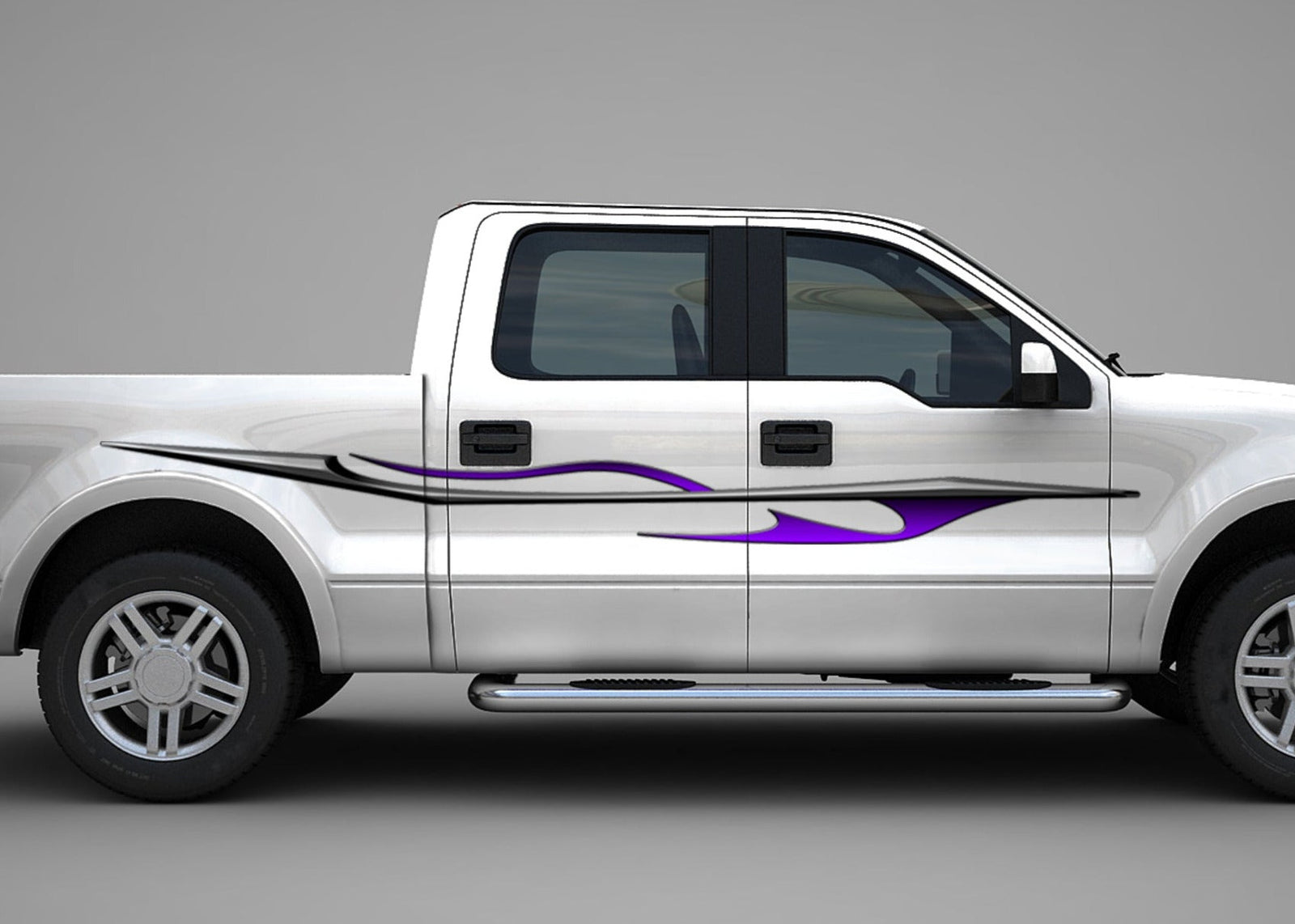 white pickup truck with purple dragon flame decal on passenger side