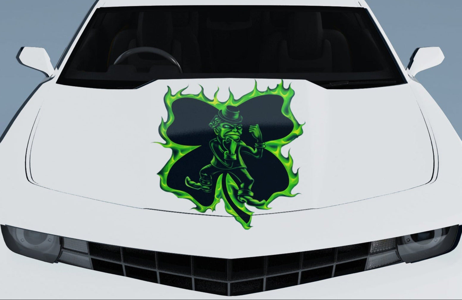 White Camaro hood with fighting Irish clover vinyl decal centered on the hood, green flame edge detail