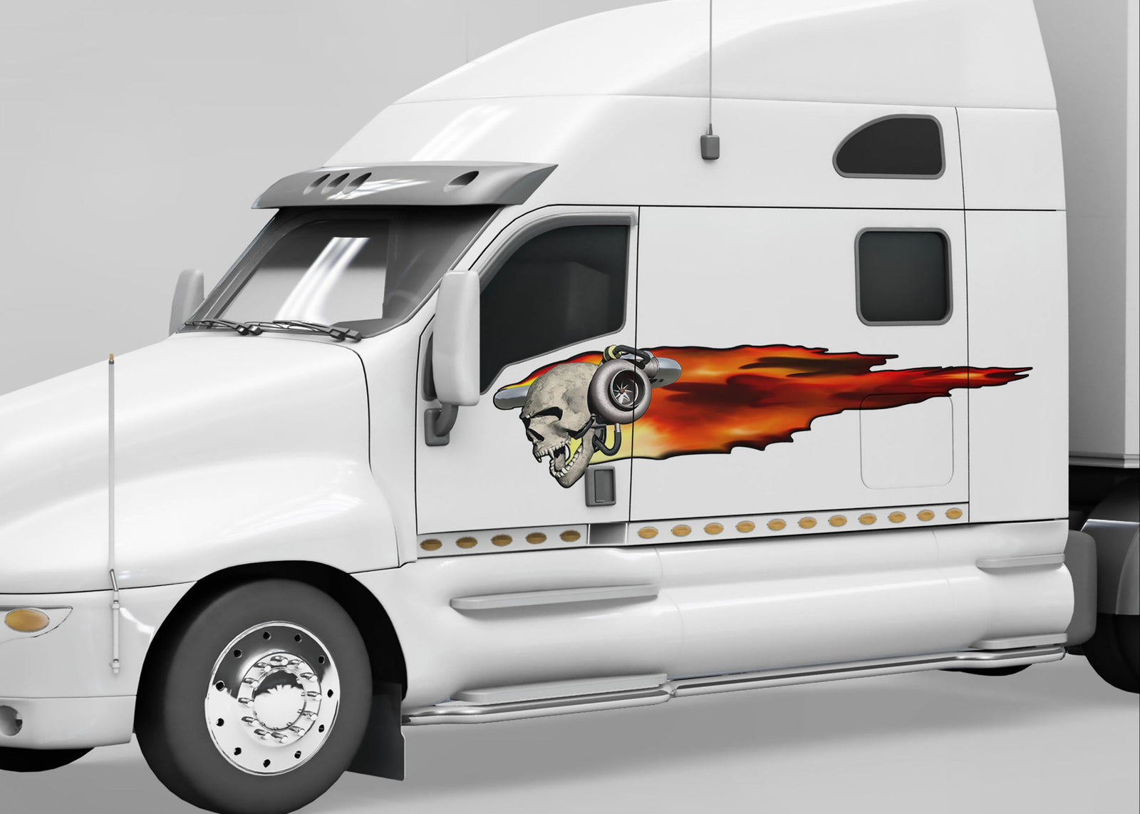 Turbo skull flames vinyl graphics on the side of white semi trailer truck