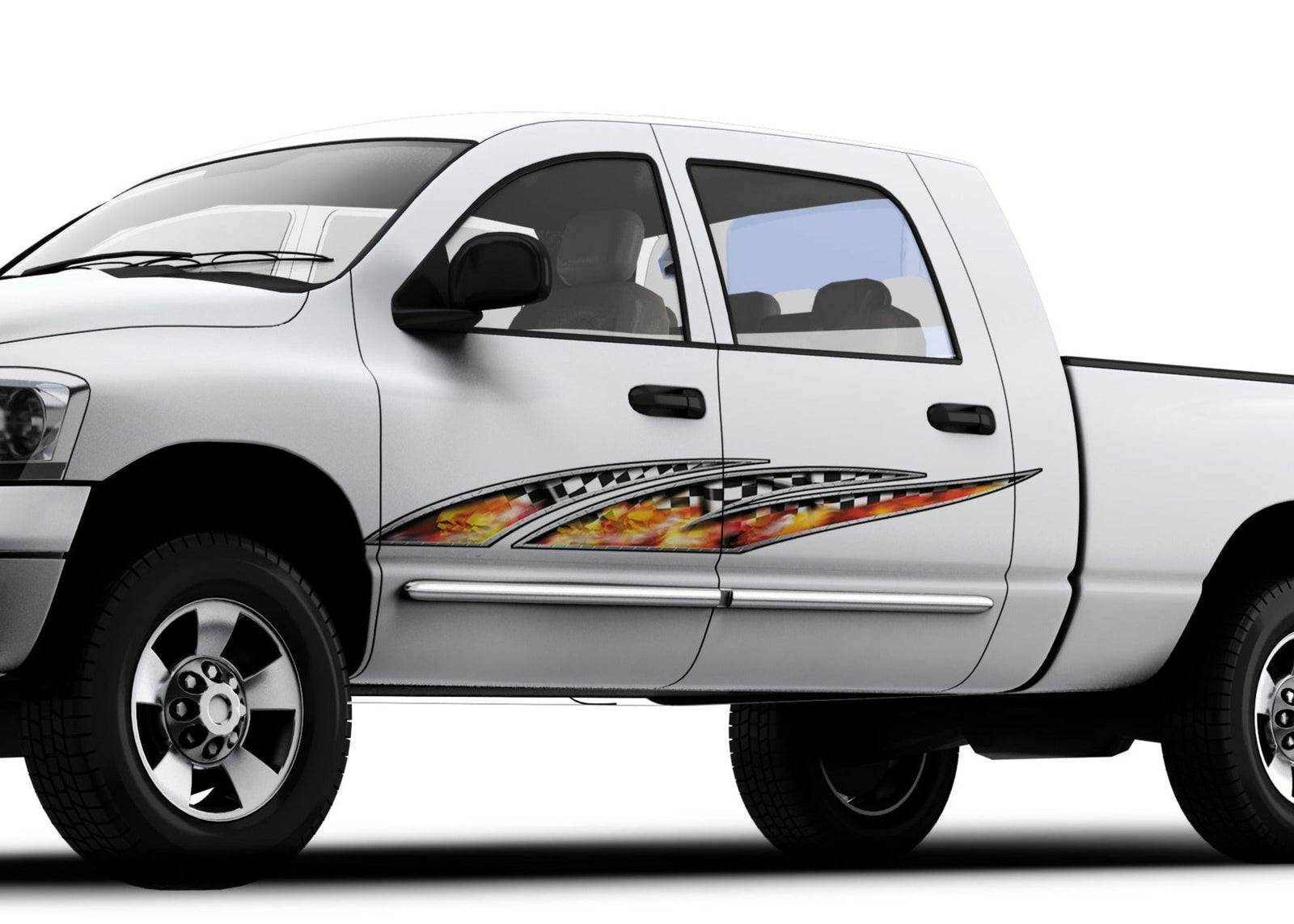 fire skull checkers wave vinyl decal on the side of white pickup truck