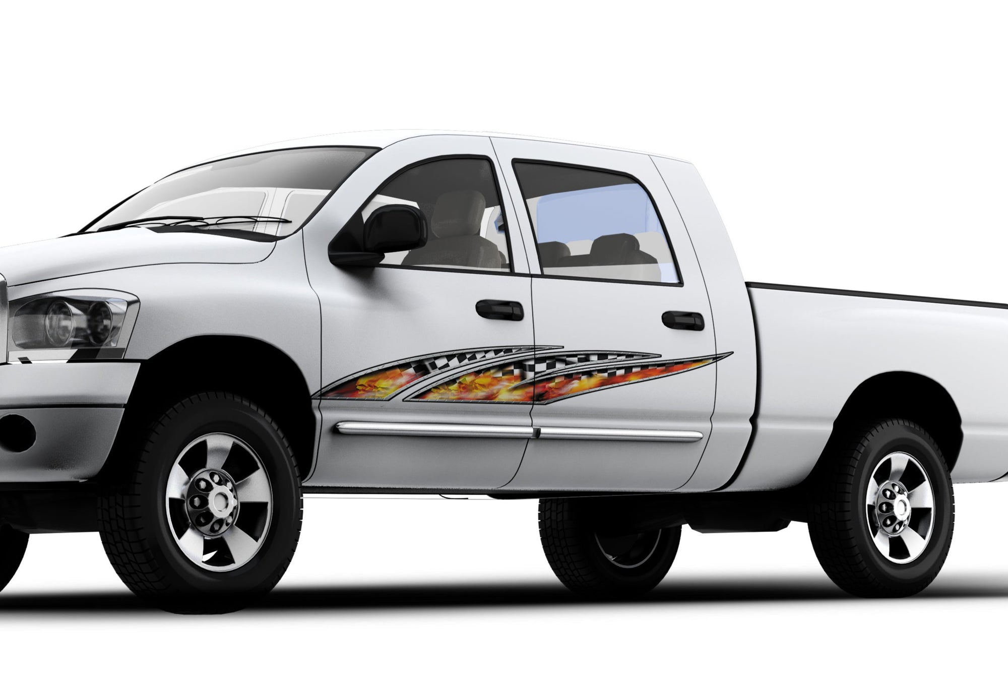 fire skull checkers wave vinyl decal on the side of white pickup truck