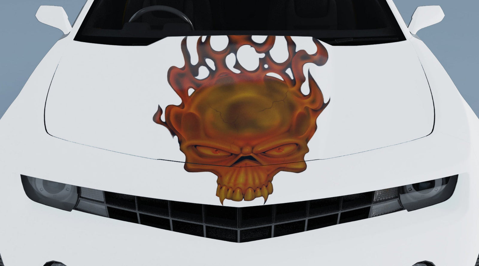 White Camaro hood with flaming skull vinyl decal centered on the hood, orange flames and skull detail