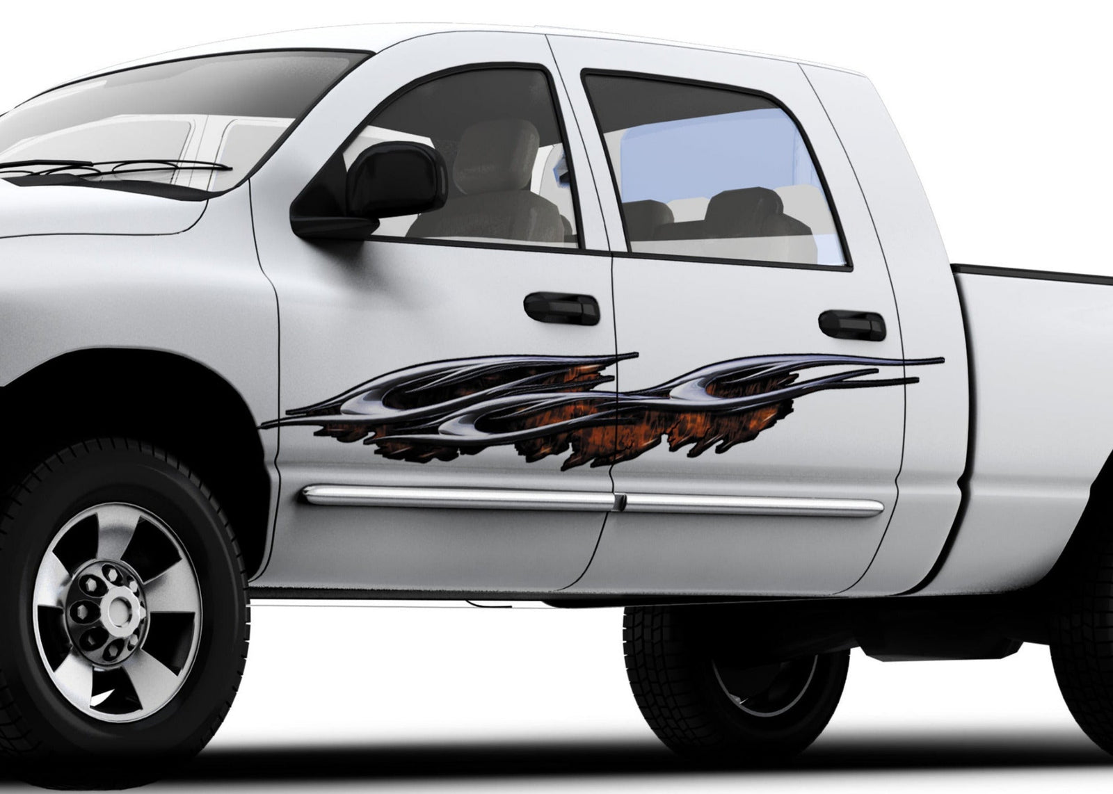 A white truck with chrome flaming spear accent decals on the side.