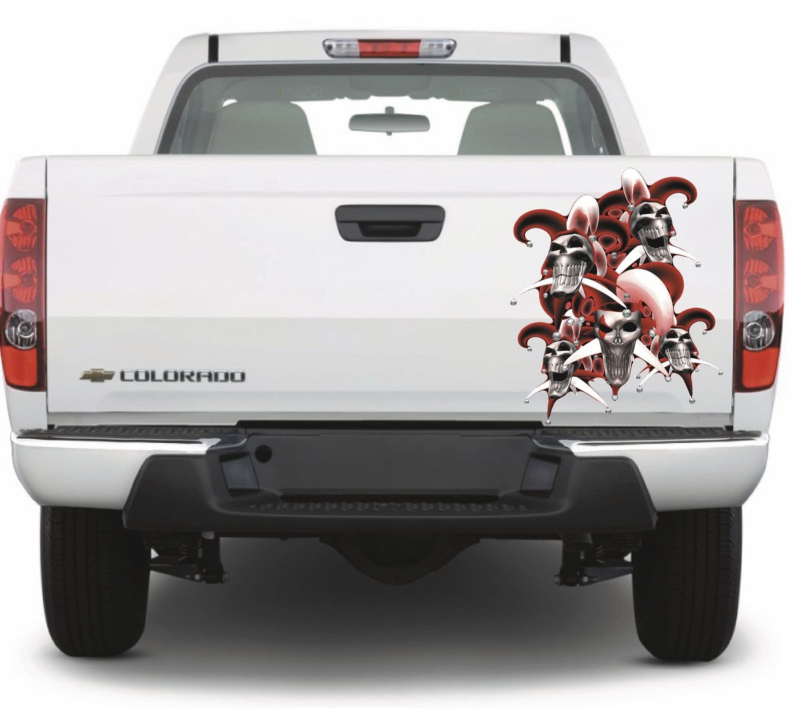 jester skulls decal on truck tailgate