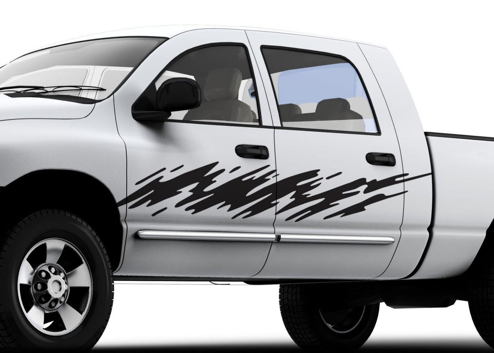 mud splash black vinyl decal on the side of white pickup truck
