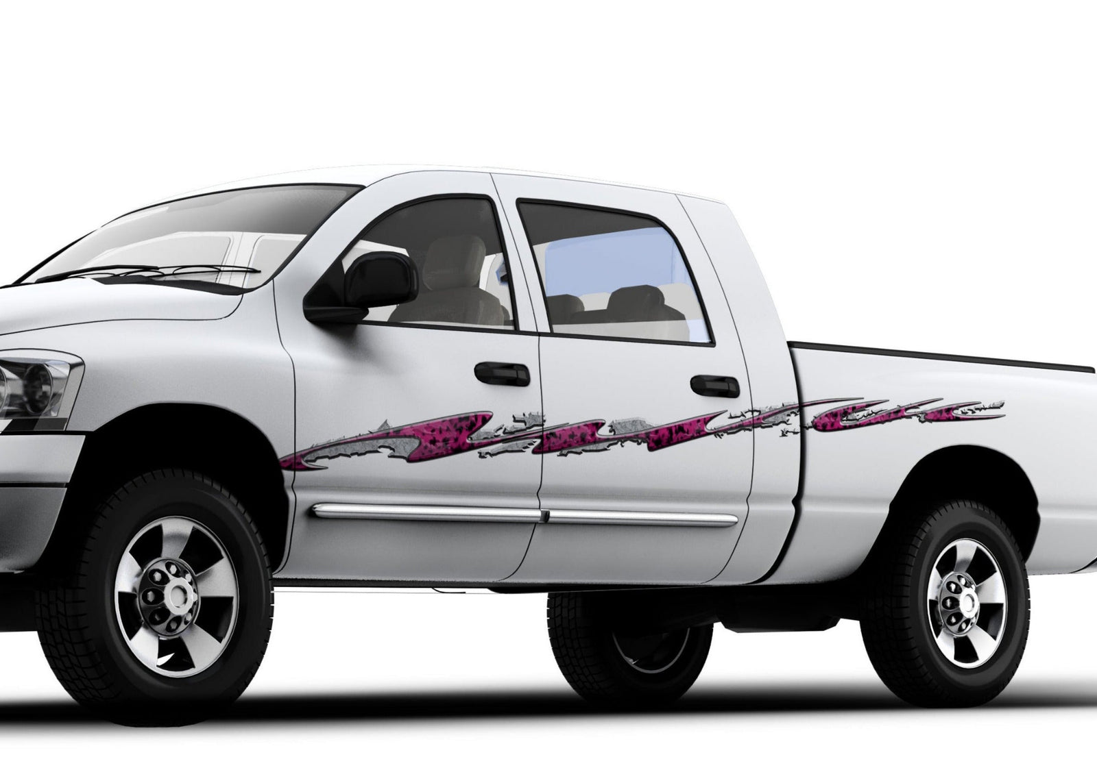 pink leopard stripes vinyl decal on side of white truck