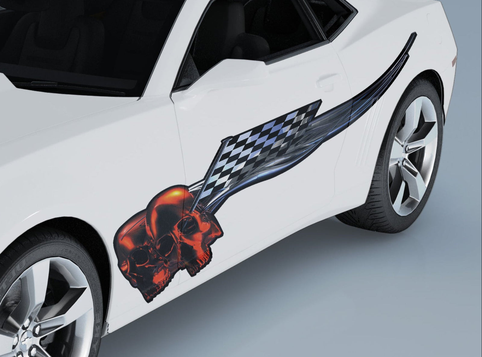 white camaro with red skull checkers decal on driver side