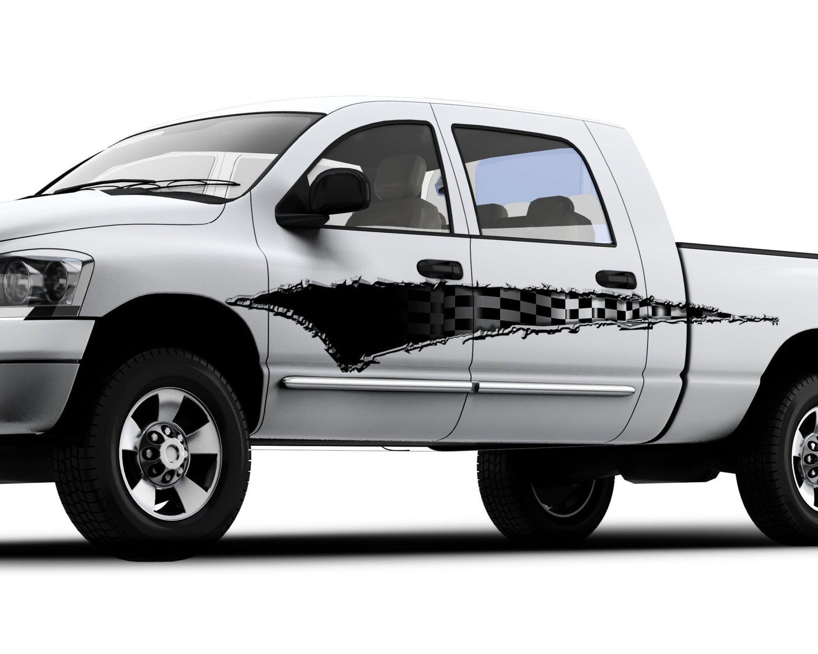 a white truck with black scratch checkers decal on the side of it
