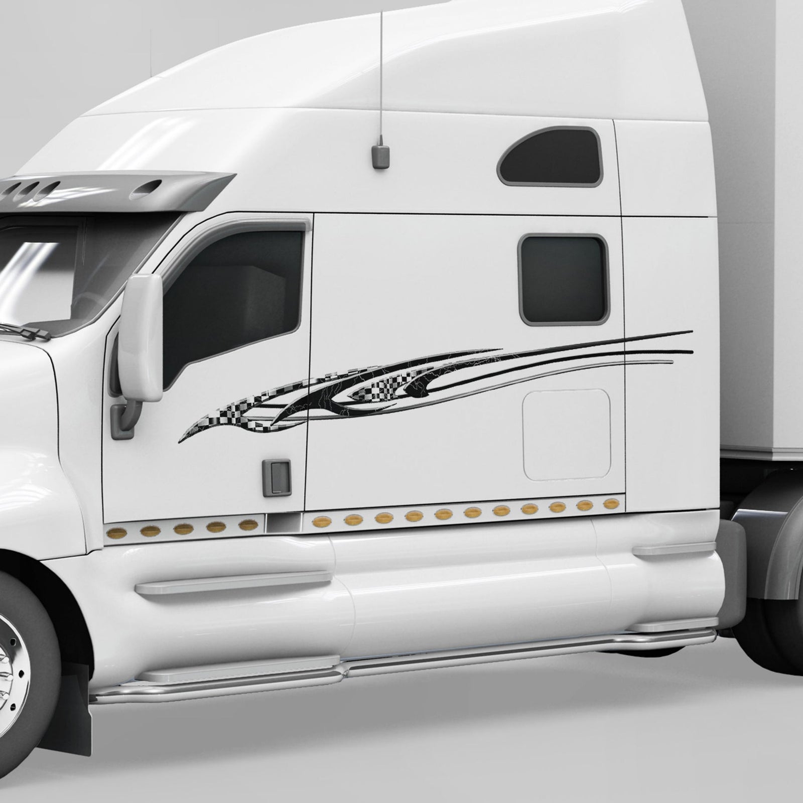speed checkers vinyl graphics on the side of white semi truck