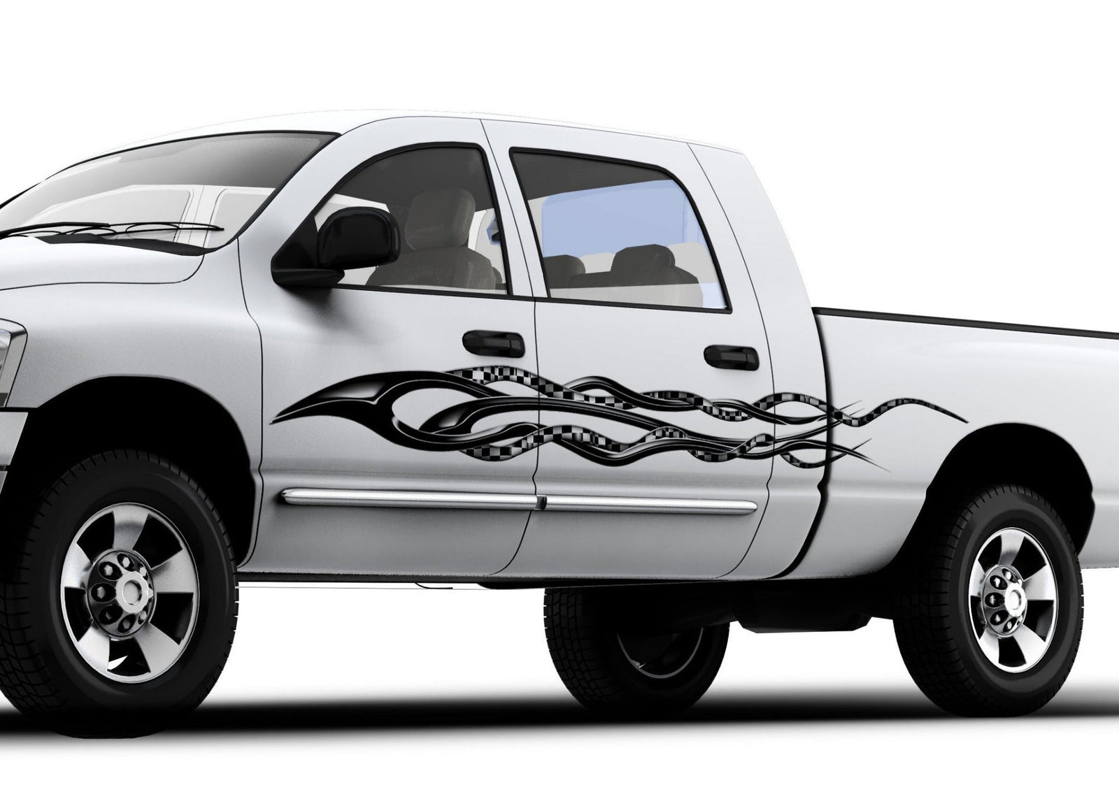 twisted flames with checkers vinyl graphics on the side of white truck