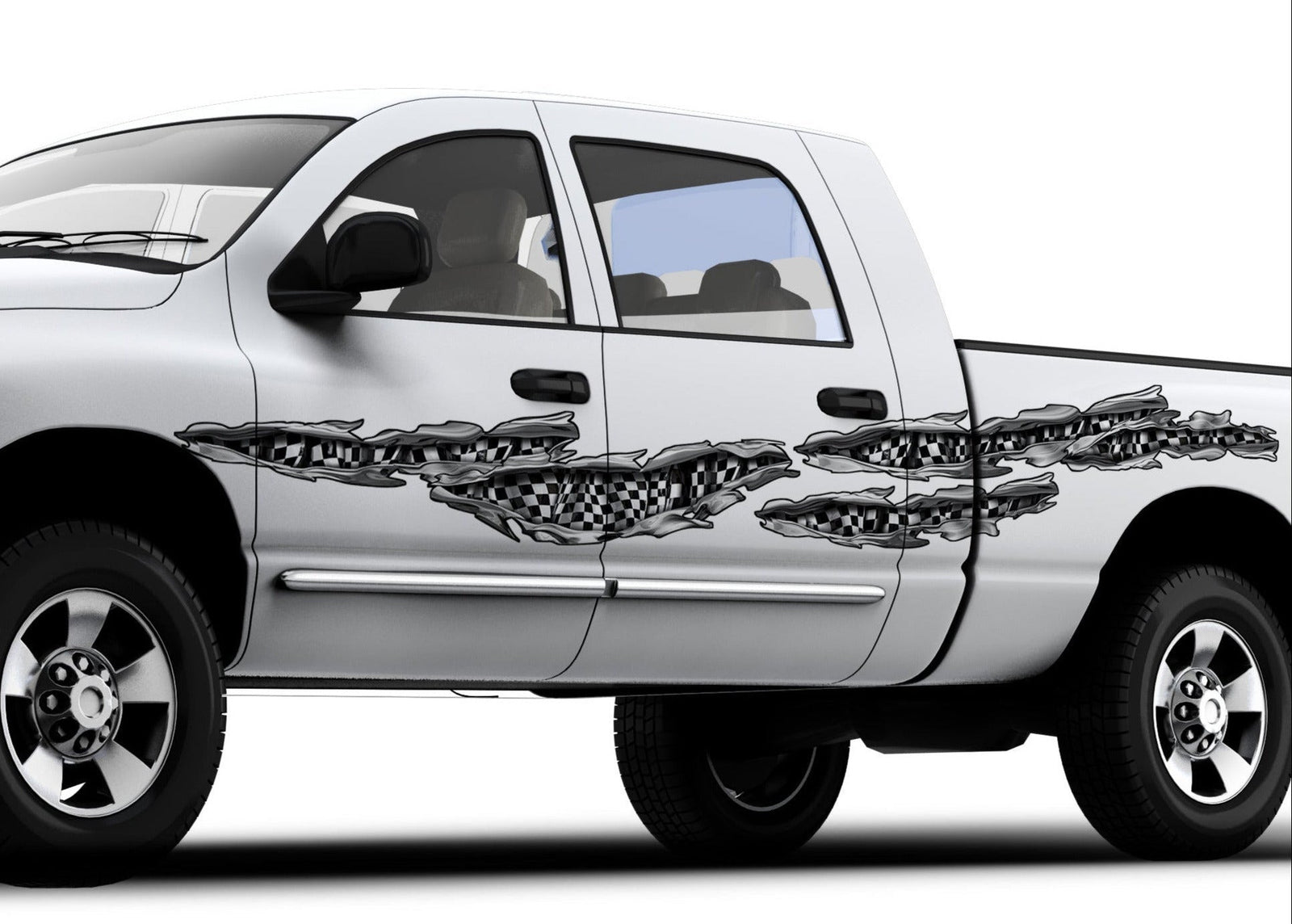 white truck with chrome checkered flag rip decals on driver side