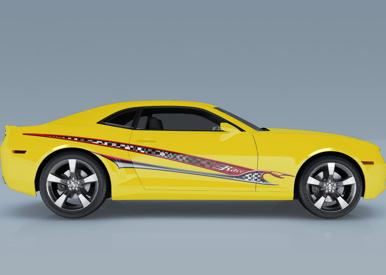 yellow camaro with shark racing stripe decal on passenger side
