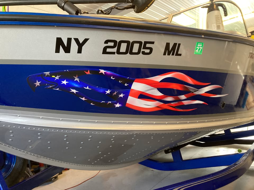 Eagle Flames American Flag boat decal on blue and white customer boat