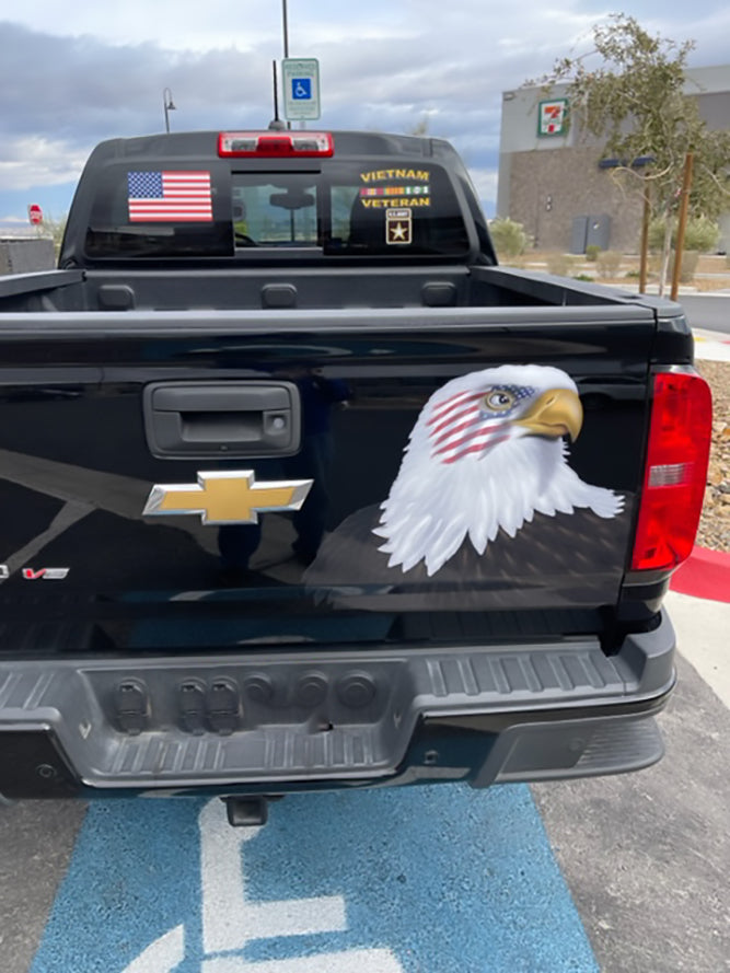 American Bald Eagle patriotic decal on chevy truck tailgate