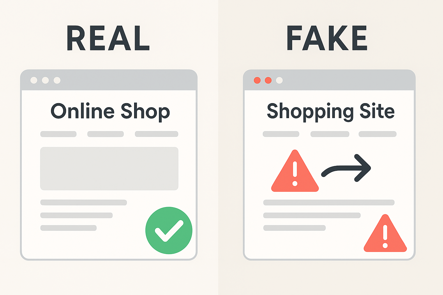 Illustration comparing a real online shop and a fake scam website with warning icons, showing how to avoid fraudulent listings.