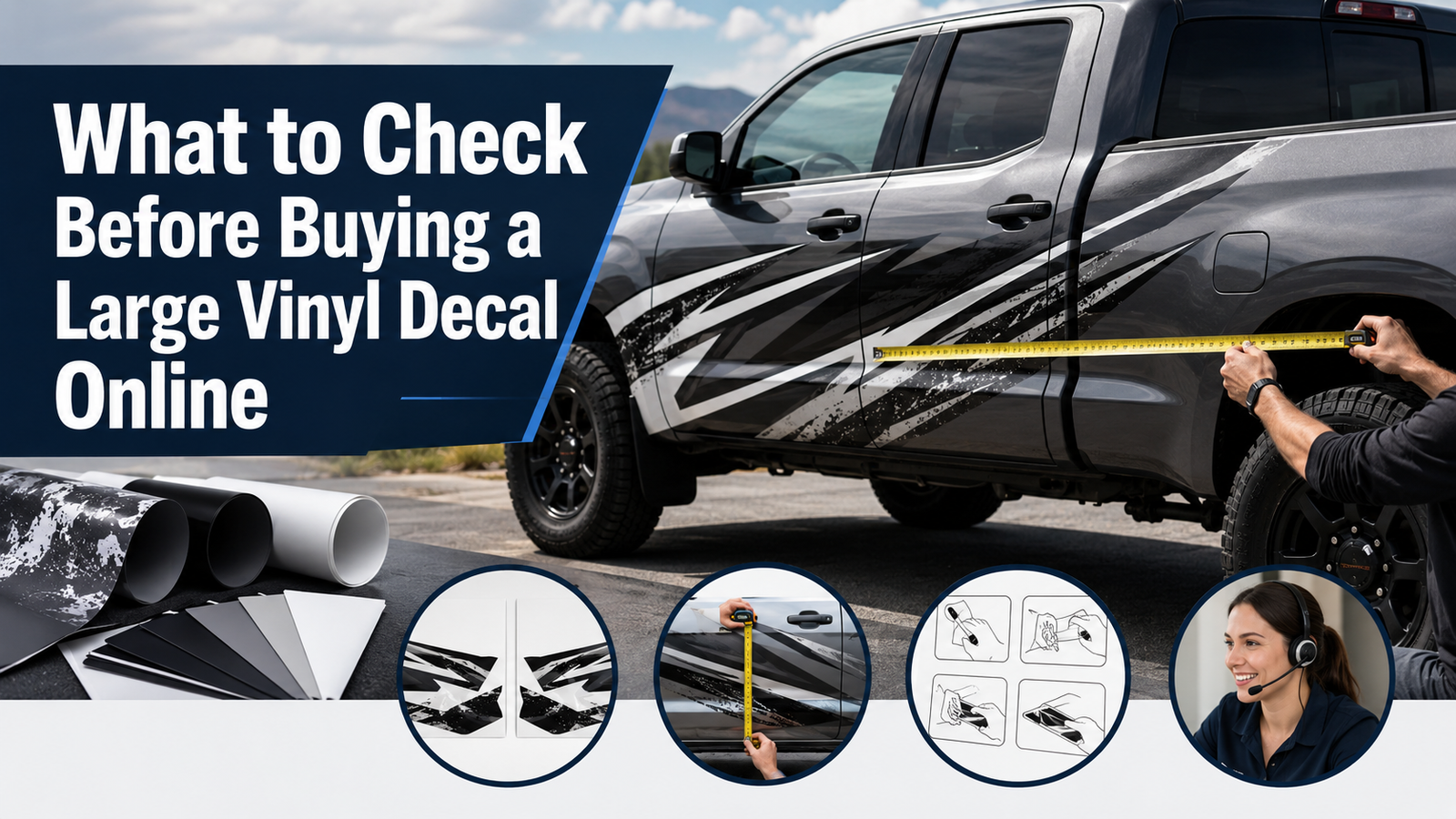 Large vinyl decal buying guide image showing a truck side graphic, measuring tape, vinyl material samples, mirrored decal pair, install instructions, and customer support.