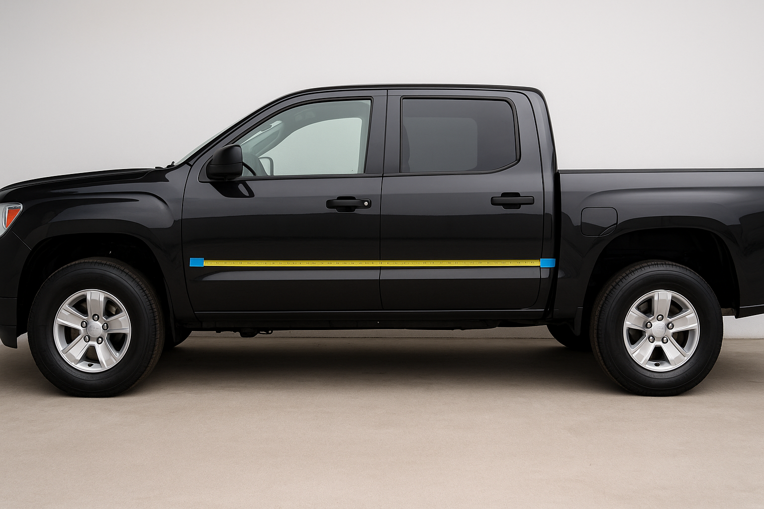 Side view of a black pickup with a measuring tape across the doors, marked with blue painter’s tape to show decal start and end points.