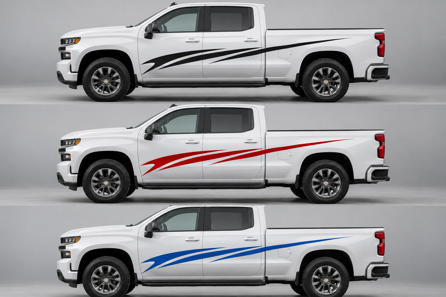 White pickup truck shown with black, red, and blue side decals to compare vinyl decal color choices.